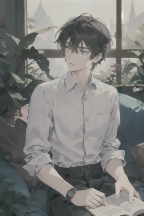 masterpiece, best quality, ultra detailed, (solo man), (male focus), ((Oblong face)), ((Square jawline)), black hair, ((hairs between eyes)), ((shoulder length)), ((narrow blue eye)), fair skin, skinny body, beauty mark, {uniform, outfit, clothes}, dress s...