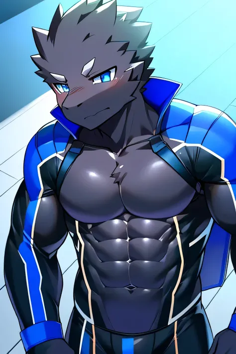 Thin macho　western black dragon　　abs　　　　　Hollow abs　　body suit　　thick arms　　　chest rig　　　、sweaty　　　skin glow　　profile　　Wearily　short of breath　　  　Chemo shota　　Chunky breasts　Have a sleep on the floor 　blue eyes　Tired look　Glowing abs　Deep abdominals jacke...