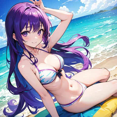 (T Masterpiece，4k wallpaper，Best Quality))、((girl１people))、(solo)、Bright and Brilliant，(Purple Hair)、(Shortcuts:1.3)、smile、Ocean、summer、Swimwear