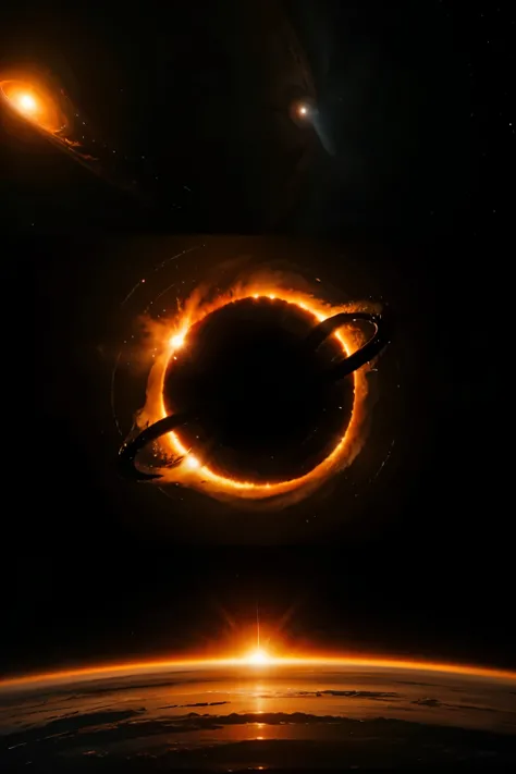 Super realistic black hole, (surrounding accretion disk), (bright orange plasma)