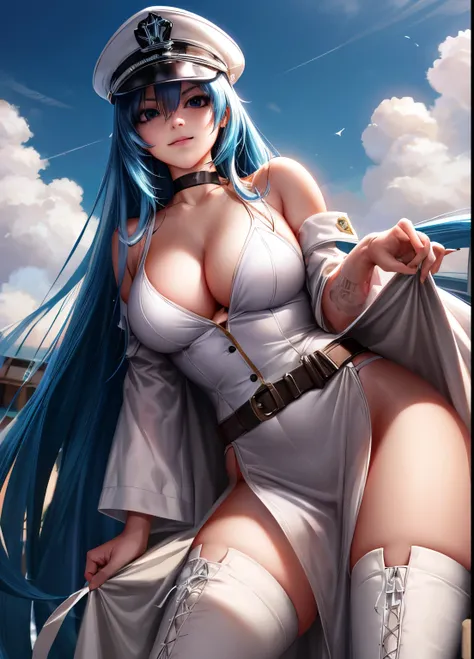 ((best quality)), ((highly detailed)), masterpiece, absurdres, (detailed eyes, deep eyes), (1girl), from below, worms-eye view, upper body, ((pelvic curtain)), esdeath, akame ga kill!, blue eyes, blue hair, ((very long hair)), tattoo, (smirk), military uni...