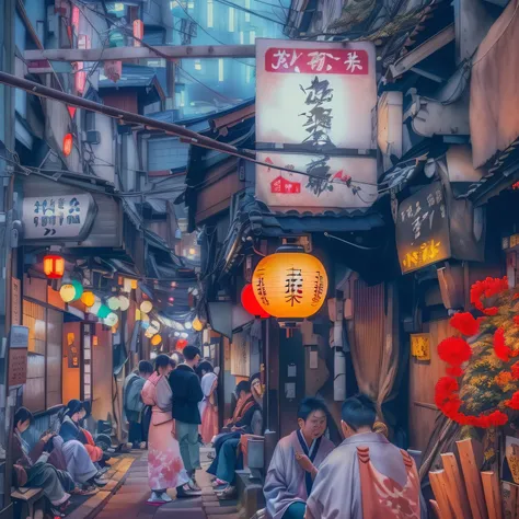 people are sitting on benches in a narrow alley with lanterns, japanese street, japanese downtown, tokyo izakaya scene, tokyo alleyway, tokyo street, old japanese street market, in the streets of tokyo, japanese city, cyberpunk streets in japan, japanese t...