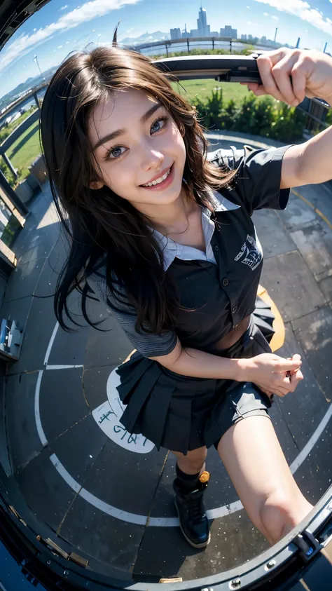 Highest quality, masterpiece, Ultra-high resolution,8K, (Realistic:1.6), (Facing portraits) RAW Photos, 1 Girl,(Full of smiles, Showing teeth)), 22 years old,((Korean Idol Karina Fashion)),((Miniskirt uniform and undershorts)),((Straight black hair long ha...