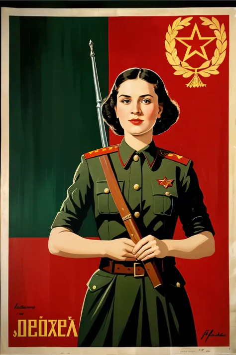 ((best quality)), ((masterpiece)), (detailed), 1girl, arafed image of a woman in a military uniform holding a knife, soviet propaganda, soviet propaganda style, ussr poster, soviet propaganda poster, soviet era propaganda poster, soviet poster, soviet prop...