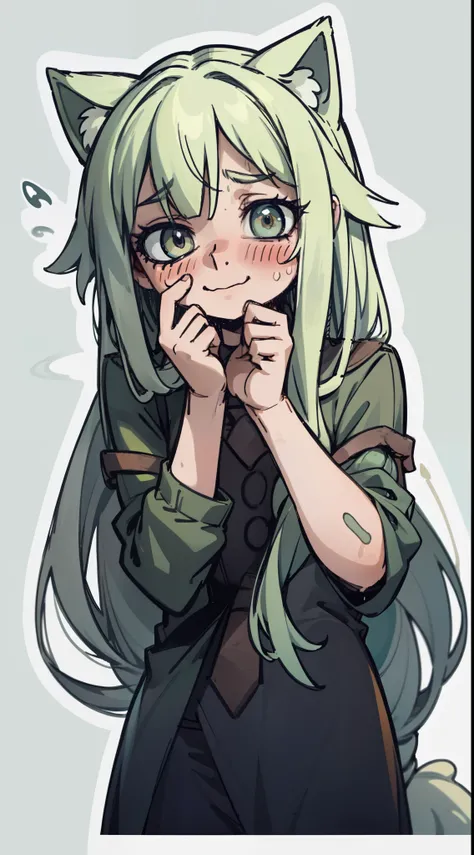 shy, scared, baggy eyes, light green background, cat smile , change , very long hair  ,detailed hands ,light green hair color, blushing, sweat, drops , flushed 