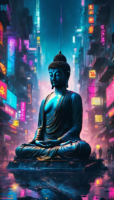 masterpiece: A serene Buddha in the heart of a cyberpunk metropolis Read more:Peaceful Buddha silhouetted against a gritty cyberpunk city background Realistic:Cyberpunk Meditation:Hyperrealistic Zen Buddha in a Neon-Lit Big City:Cyberpunk Meditationのmaster...