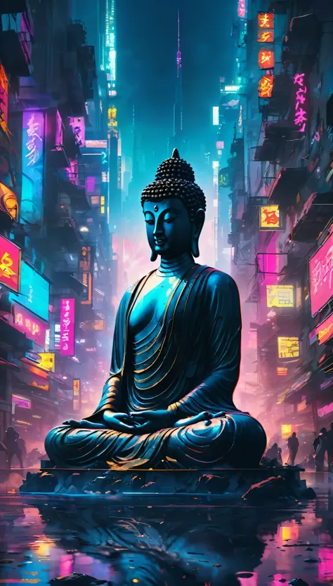 masterpiece: a serene buddha in the heart of a cyberpunk metropolis read more:peaceful buddha silhouetted against a gritty cyber...