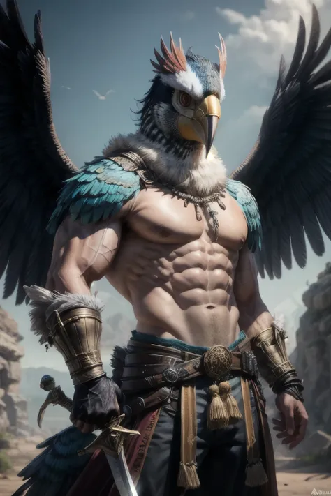 bird mask, Arafed male with a bird on his head and a sword in his hand., 3D 8k rendering character art, muscular male hero, avian warrior, black aarakocra eagle warlord, muscular character, Incredible 8K character concept art, hyper detailed fantasy charac...