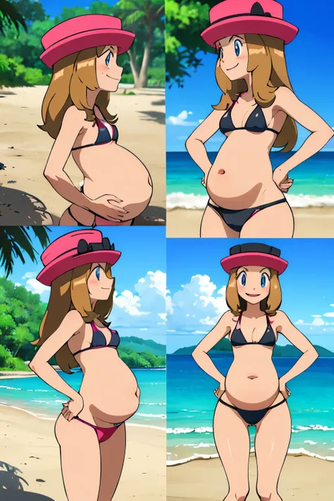 masterpiece, Best Quality, high resolution, outdoor, 1 girl, Alone, Serena (pokemon), pink hats, Bikini, microBikini, Bikini negro, to smell the dirt,, bare shoulders, looking at the viewer, pregnant, pregnant, smile timida, blush, medium breasts, female b...