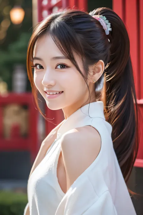 No sleeve, ponytail, Japanese women, 8K, Legal Photography, Highest quality, masterpiece, Realistic, Photorealistic and highly detailed, One Woman, cute, smile, Beautiful Eyes, Long Hair, Perfect Face,A face like a Japanese idol,