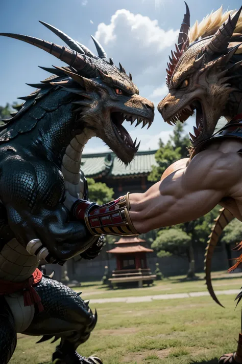 Dragon fighting with a Japanese warrior 