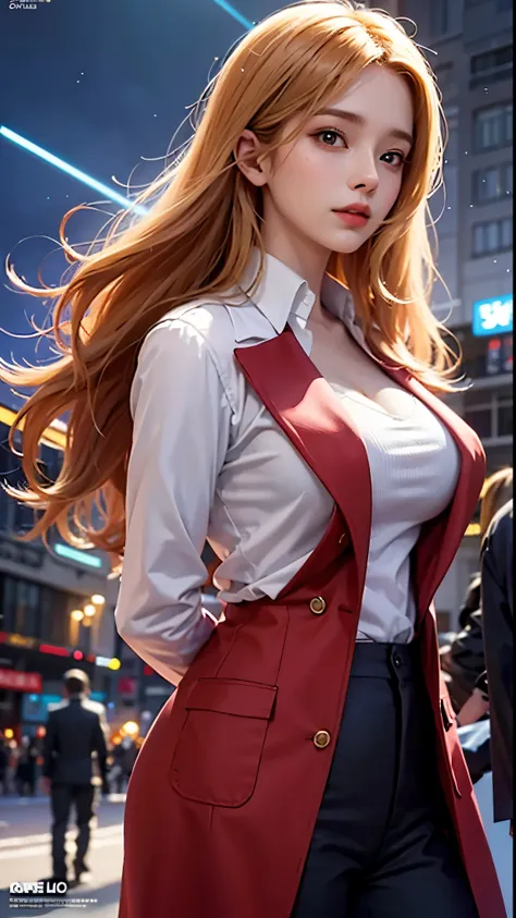 (realistic:0.2)、anime illustration、 1 girl、red coat、blonde hair、 a stage set in paris, france『workplace(sfw)』 black trousers、bla...