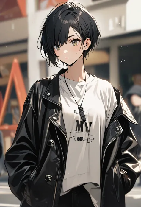 black hair, white shirt, jacket, 1girl, short hair, boyish, stylish