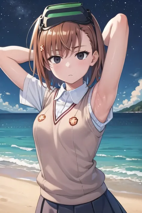 misaka imouto, short hair, brown hair, black eyes, empty eyes, goggles, goggles on head, head-mounted display, , sweater vest, shirt, skirt, white shirt, pleated skirt, v-neck, short sleeves, tokiwadai, solo, night sky, beach, arms behind head, contrappost...