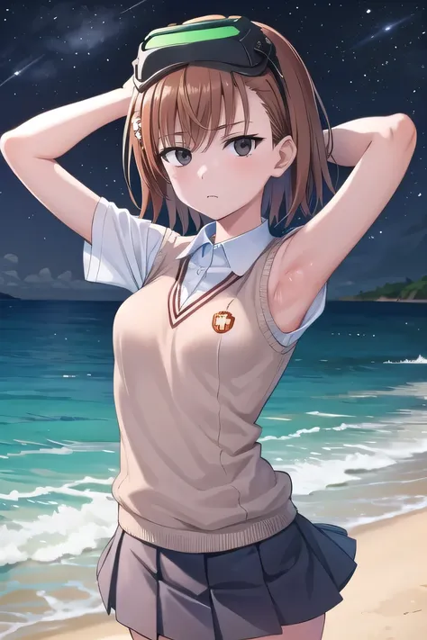 misaka imouto, short hair, brown hair, black eyes, empty eyes, goggles, goggles on head, head-mounted display, , sweater vest, shirt, skirt, white shirt, pleated skirt, v-neck, short sleeves, tokiwadai, solo, night sky, beach, arms behind head, contrappost...