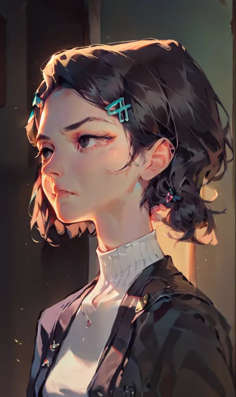 (score_9, score_8_up), score_7_up, score_6_up, score_5_up, score_4_up, Zenko, 1girl, black hair, rim lighting, half-length portrait, hair ornament, hairclip, black eyes, short hair, black leather jacket, white dress, standing, hands behind back, looking aw...