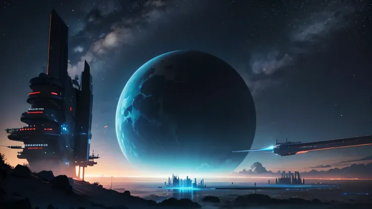 Large planets in the night sky. Clouds on the horizon. Cyber structures. Sci-fi. Blue.