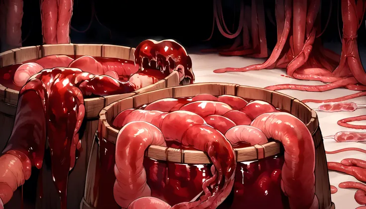 wooden barrels filled with human intestines, intestines, blood, gore, horror,