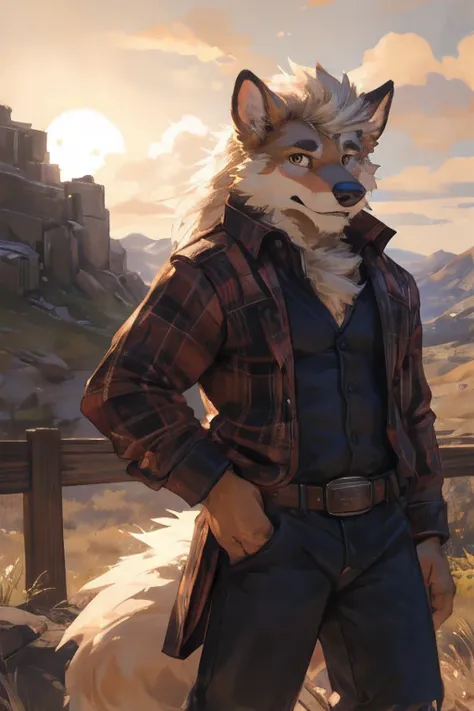 male, solo, anthro, arcanine, (arcanine),slim,clothed, bottomwear, , pants, , (cowboy), hand on hip,fur, fluffy, tuft, chest tuf...