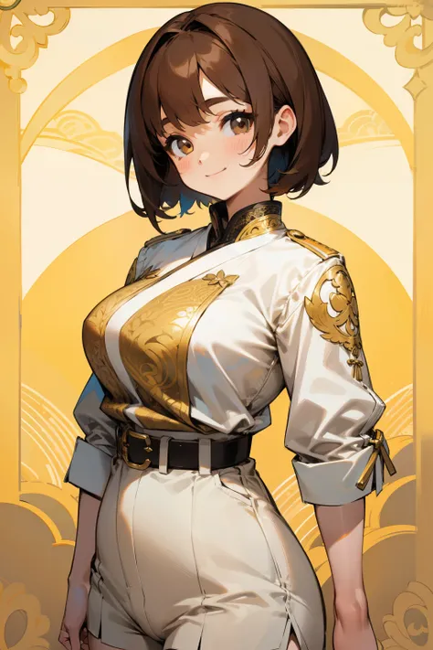 Cute girl, short brown hair, white clothes embroidered with an intricate golden pattern, big breasts, black belt, short pants, smile. 