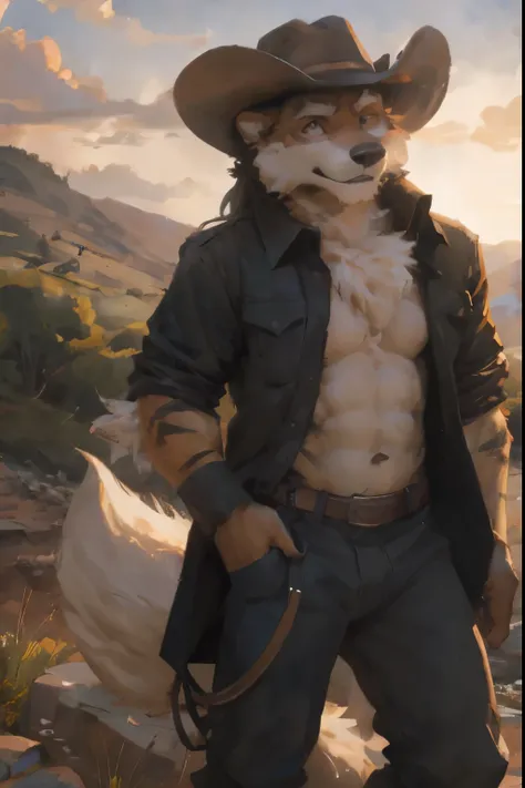 male, solo, anthro, arcanine, (arcanine),slim,clothed, bottomwear, , pants, , (cowboy), hand on hip,fur, fluffy, tuft, chest tuf...