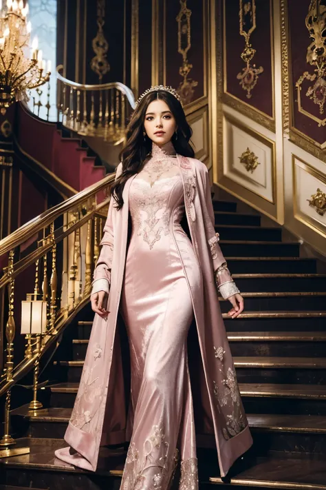 Beautiful woman standing on stairs in pink dress, fantasy long intricate outerwear, long outerwear, wearing an evening outerwear, From the Victorian nobility, wearing long outerwear, long luxurious outerwear, Chassis, wearing a fantasy suit, outerwear, vel...