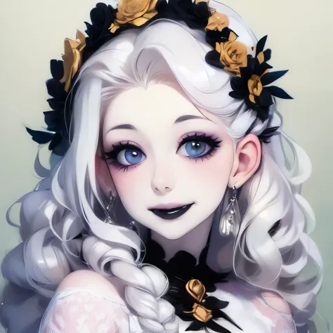 arafed woman with a flower crown on her head smiling, a pastel inspired by Winona Nelson, tumblr, rococo, pale goth beauty, pale skin and dark eyes, pale ivory skin, ivory pale skin, pale skin curly blond hair, with pale skin, with curly black and silver h...