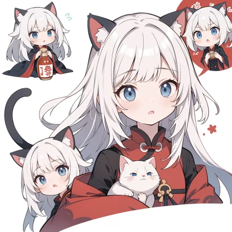 1 girl, head, ((White background, Red Cliff)), expression, tingyun, Cat Ear Girl，((银色head发)),blue eyes