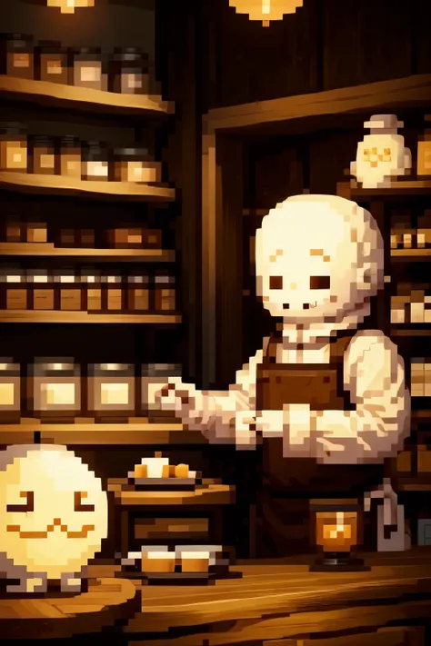 A cute, round ghost wearing a brown apron while he floats behind the counter. He is working his job as a barista, and selling tea cakes.
