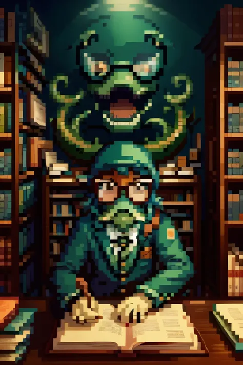 a sea monster wearing glasses, and working at a bookstore