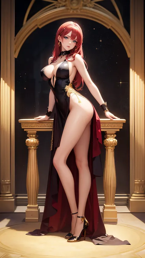 "NSFW An anime girl with blue eyes and long red hair. The artwork must be of the best quality, high resolution, and vibrant colors. Must be full body style, with soft lighting illuminating the scene, front viewer eyes, dress detailed with gold, high heels ...