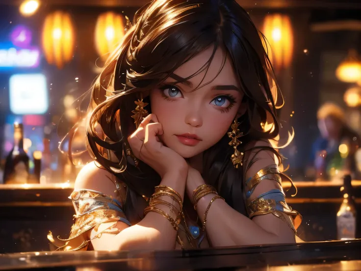 a young girl in a nightclub, leaning on the bar counter with her hands, looking around in a daze, serving customers, realistic, photorealistic, 8k, ultra-detailed, masterpiece, natural lighting, warm color tones, emotional portrait, cinematic composition, ...