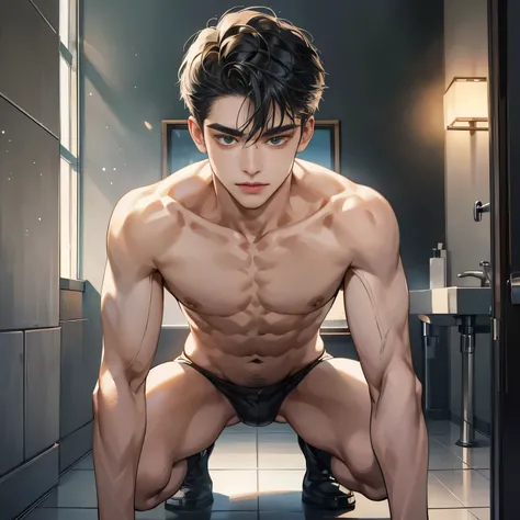 (absurd, high resolution, very detailed, hdr), masterpiece, best quality, amazing boy, detailed face, nakedness，Abs，professional photography, The alaped man did not wear a shirt, Stand comfortably，stand on all fours，full body photo，upper leg，small thighs，l...