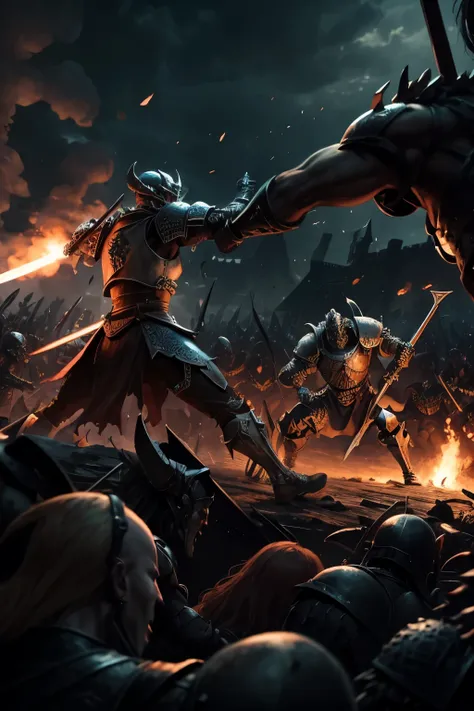 There is a melee in the picture，Demons vs Humans，war，Magic theme，Medieval Warhammer，Two Skeleton Soldiers，A knight，A fighter，A demon wizard，They attack each other