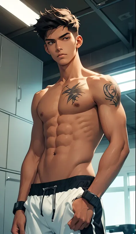 1 boy,tall and strong,perfect male figure, eyes looking at camera.(sports student), ((tanned skin)),short hair，Shirtless，cool tattoos,Bracers,serious expression, ,Ray tracing，glowing eyes