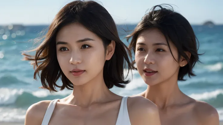 ((Highest quality)), ((8K)), ((masterpiece: 1.3)), (Perfect appearance), (Photorealism: 1.6), (一人のwomanが立っている), (A sandy beach lit by the dazzling morning sun), (The sea sparkling in the morning sun), (Calm sea without waves), (TI, JMA), (woman: 1.6), (Blu...