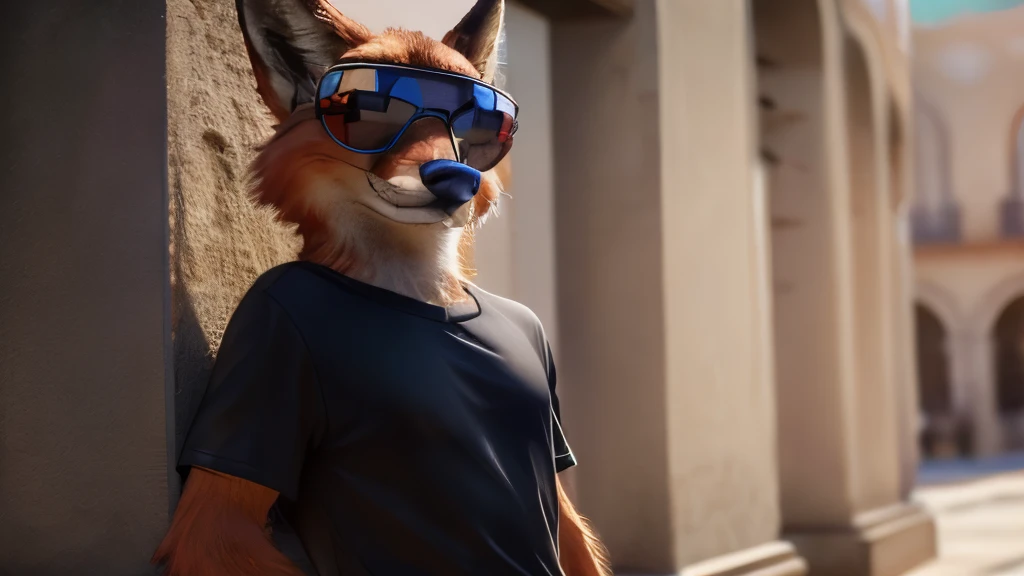 ((An anthropomorphic red fox)) male, tall, with realistic fur, (( wearing black shirt)), black shorts, ((wide torso)), at Mexico, ((wearing sunglasses)), fluffy fur, Manos de pelaje oscuro, mejor calidad, ((full body))