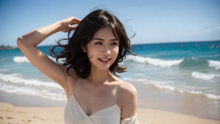 ((Highest quality)), ((8K)), ((masterpiece: 1.3)), (Perfect appearance), (Photorealism: 1.6), (一人のwomanが立っている), (A sandy beach lit by the dazzling morning sun), (The sea sparkling in the morning sun), (Calm sea without waves), (TI, JMA), (woman: 1.6), (Blu...