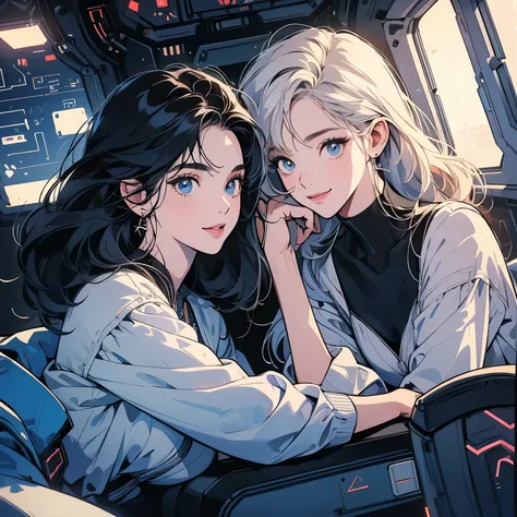  (((beautiful "Two women" leaning against each other))), inside a spaceship, perfect machine,  perfect face, zero gravity, outer space, lots of wires, switchboard, perfect and detailed machine, detailed hair, (((Various angles))), most beautiful woman, (((...