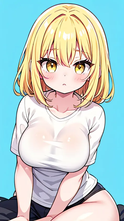 Show your whole body, short, Yellow Eyes, Yellow Hair, Large Breasts, cute, Baby Face, front, Blue background, White shirt, Sitting, Look straight, center, middle, Photo for ID, Clear face, front