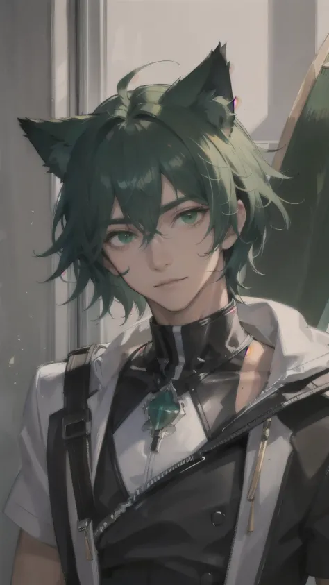 dark tanned skin，Handsome boy, Cat ears and tail, Shining eyes, (((Messy green short hair))), Very detailed portrait. The focus should be on his extremely detailed face,，muscular