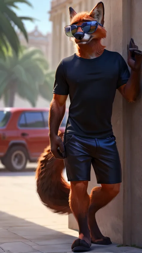 ((an anthropomorphic red fox)) male, tall, black beard, with realistic fur, (( wearing black shirt)), black shorts, ((wide torso...