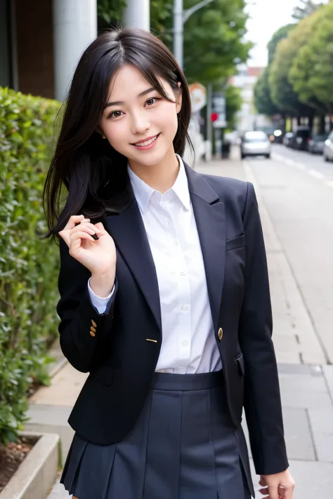 ((Highest quality)), ((masterpiece)), (detailed), One girl, セクシーJapanese girl around 18 years old

Shoulder-length black hair

blazer uniform

Skirt is above the knee

Turn around from the left and smile

Pants are visible from the skirt