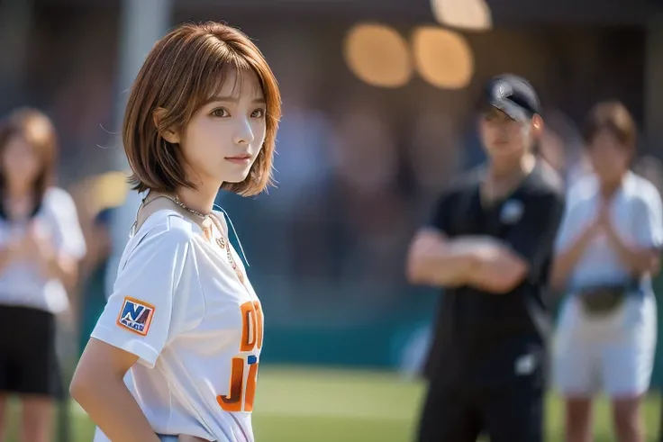 (Sports day at the grounds:1.5)、(A beautiful profile without looking at the camera:1.5)、(An 18-year-old woman cheering on her friend:1.5)、(The best quality at its best:1.4), (Super detailed), (Very detailed CG unified 16k), Beautiful woman with perfect fig...