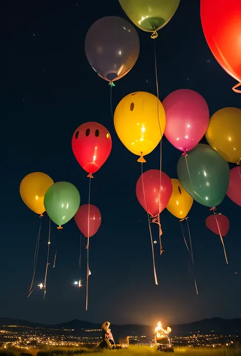 A background image of countless balloons 🎈 flying in the moonlit night sky