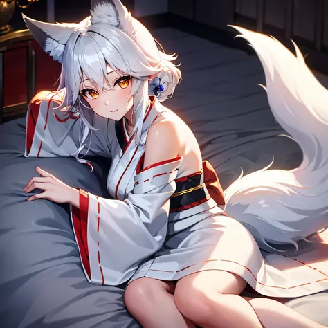 1 Girl, ash hair, kitsune, fox white ears, fox white tail, half open white kimono, but bed, awkward gesture