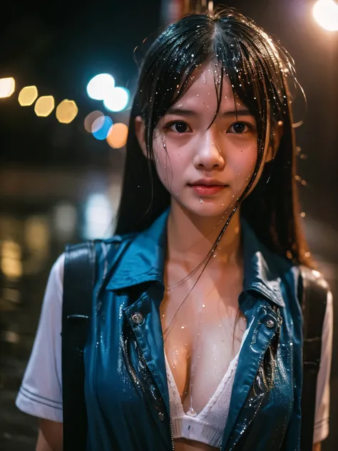 songkran,Wet roads , soaked through,drenched, Dripping, Wet Face,Wet clothes, Wet Skin, Wet Hair,A young woman with a cute face like an idol,chest,(Cinema lighting),(Artistic),RAW Photos,Genuine,Genuine,High resolution,RAW Photos,masterpiece, beautiful