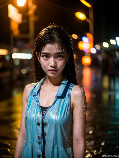 songkran,Wet roads , soaked through,drenched, Dripping, Wet Face,Wet clothes, Wet Skin, Wet Hair,A young woman with a cute face like an idol,chest,((evening)),(Cinema lighting),(High level of artistry),RAW Photos,Genuine,Genuine,High resolution,RAW Photos,...