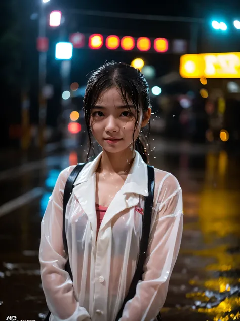 songkran,Wet roads , soaked through,drenched, Dripping, Wet Face,Wet clothes, Wet Skin, Wet Hair,A young woman with a cute face like an idol,chest,((evening)),(Cinema lighting),(High level of artistry),RAW Photos,Genuine,Genuine,High resolution,RAW Photos,...