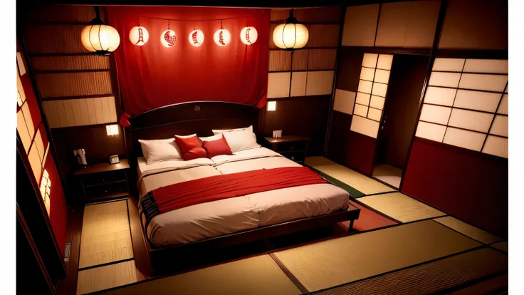 （(Night otherworld interior scene，Japanese Izakaya Interior，bedroom，big bed)），style，red light，Beautiful design，Chic，banner，image，curtain，Stowage，Flowers，Wardrobe，Dressing Table